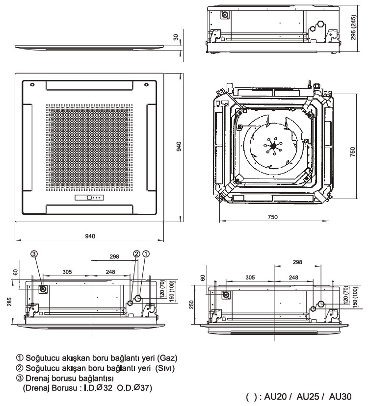 Fujitsu VRF J Serisi/ İç Ünite Kaset Tipi Boyutları